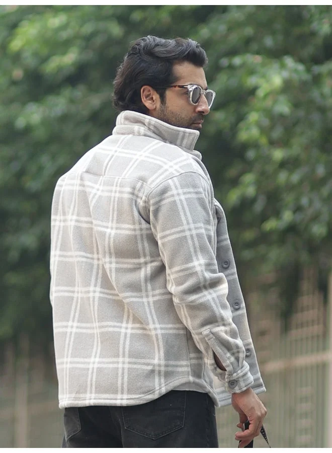 مانياك جاكيت رجالي كاروهات رمادي بأكمام كاملة من مزيج البوليستر والصوف